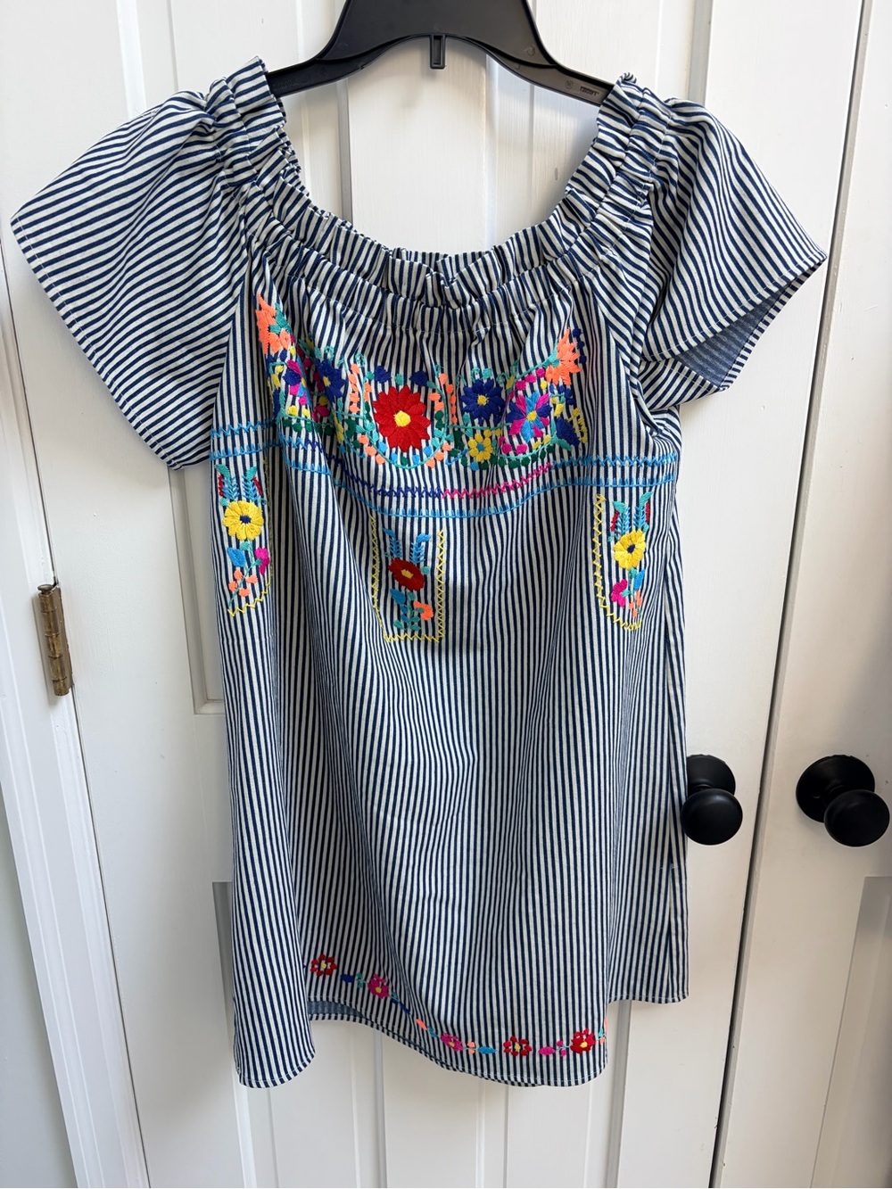 Striped Navy Off-Shoulder Mini Dress with Multicolor Floral Embroidery